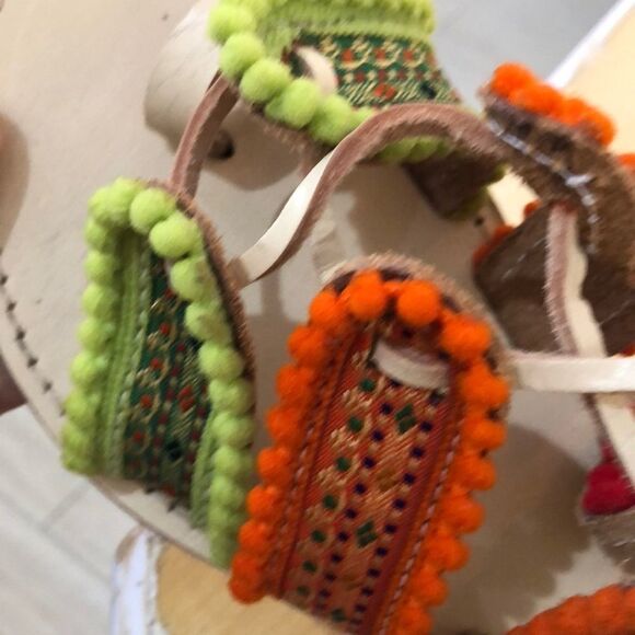 Boho genuine leather lace up Pom Pom sandals 10 - Picture 5 of 6